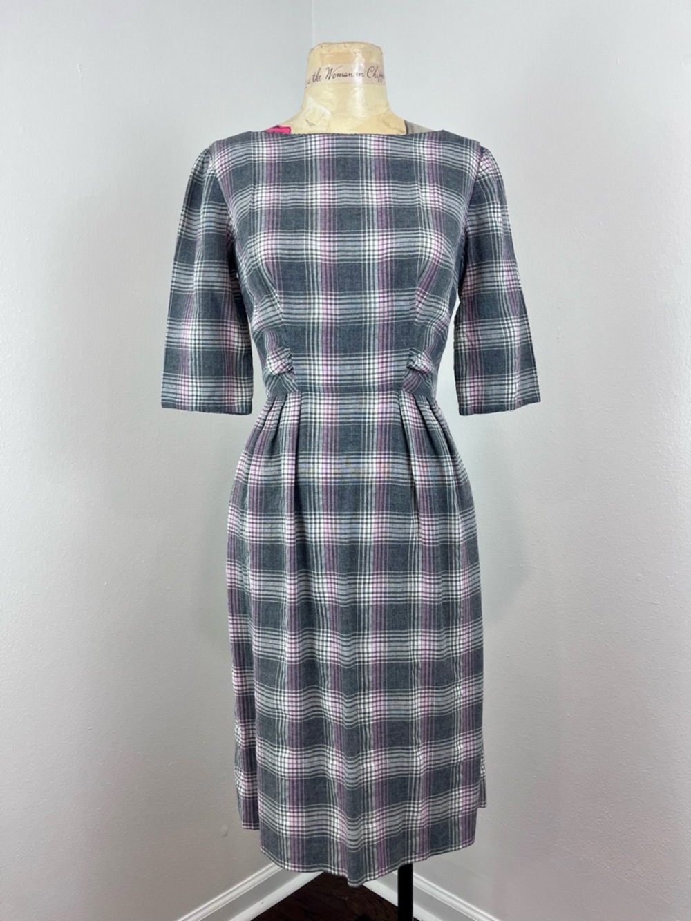 VTG 1960s Handmade Grey & Pink Plaid Dress